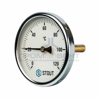 Термометр биметаллический аксиальный STOUT - 1/2" (D100мм, шкала 0-120°C, с погружной гильзой 100мм)