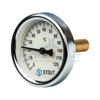 Термометр биметаллический аксиальный STOUT - 1/2" (D63мм, 0-120°C, с самоуплотнением и гильзой 50мм)